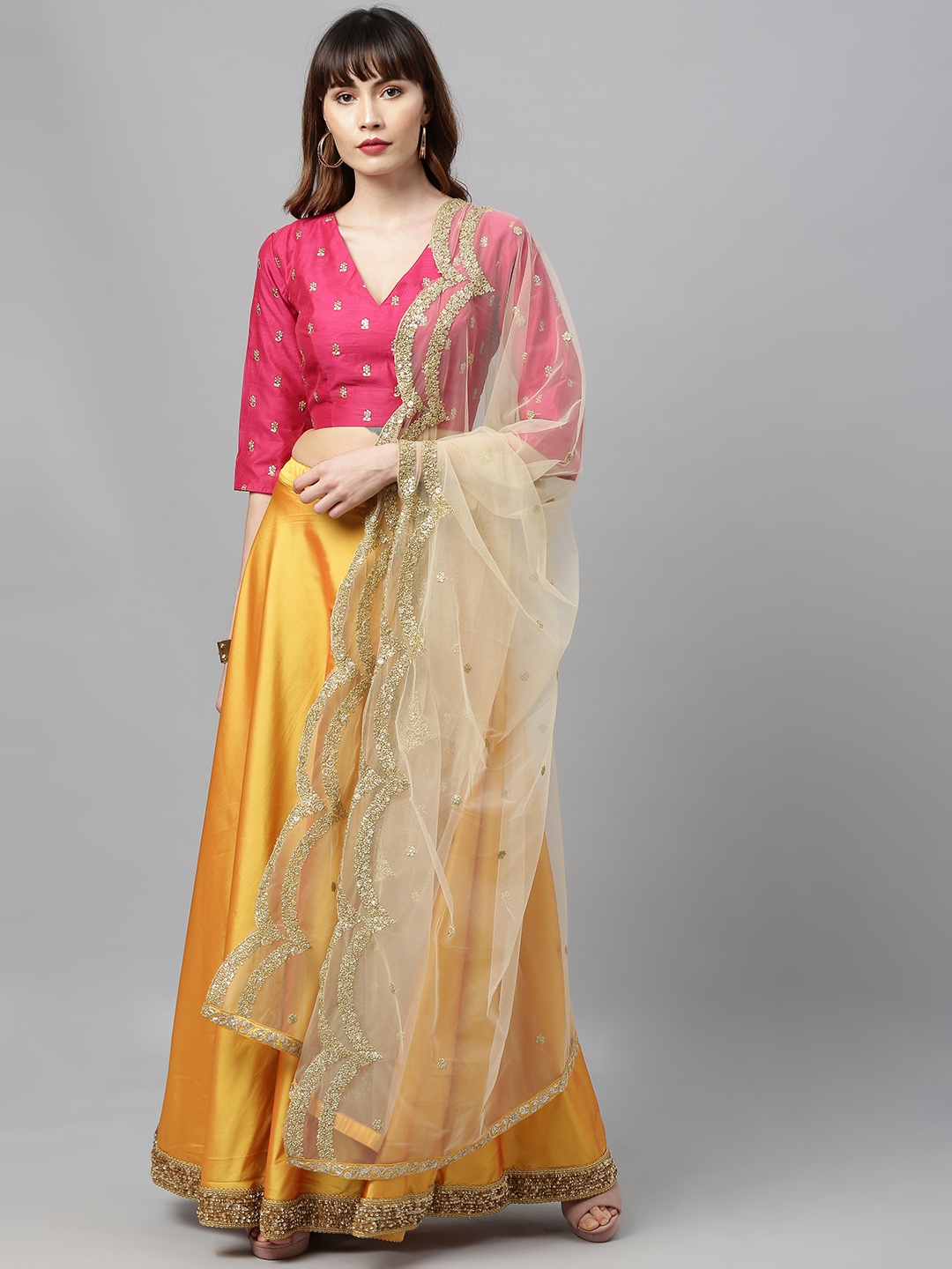 

Ethnovog Pink Gold-Toned Embroidered Made to Measure Lehenga Blouse with Dupatta