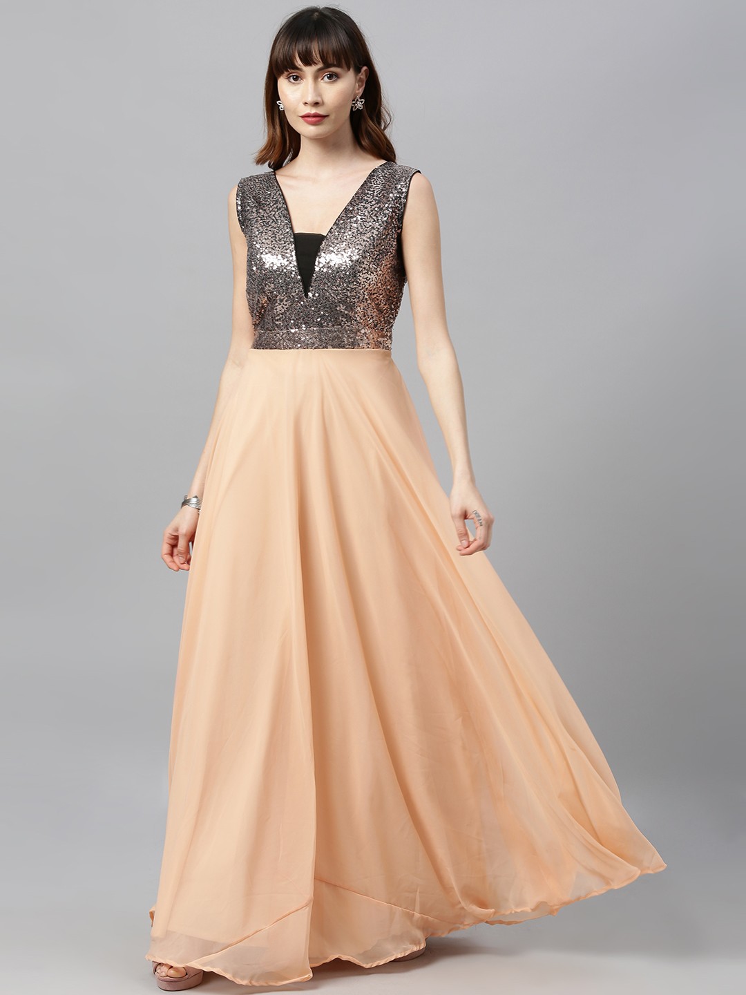 

Ethnovog Women Peach-Coloured Sequinned Made To Measure Maxi Dress