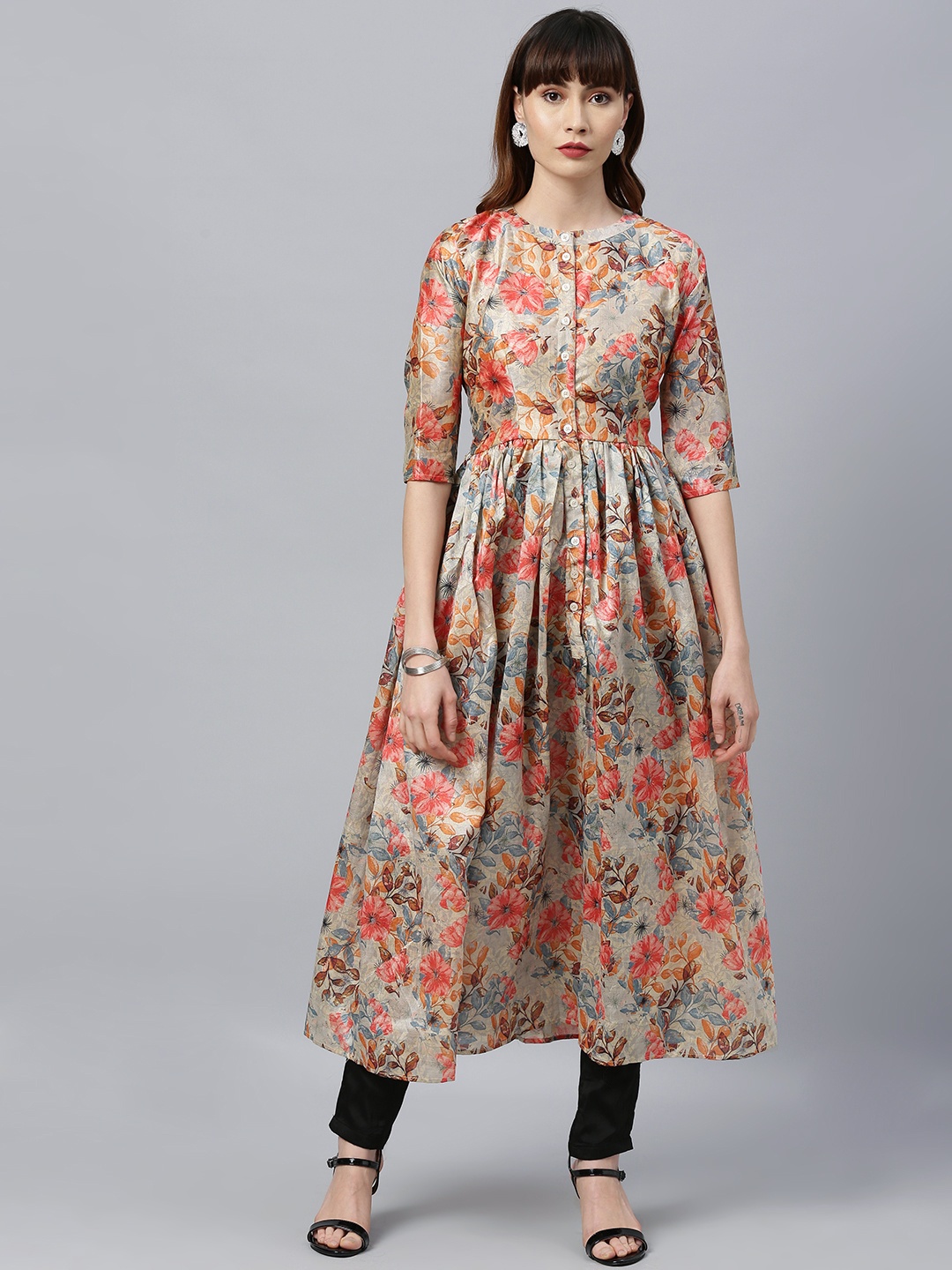 

Ethnovog Women Beige Black Floral Printed Made To Measure Kurta with Trousers