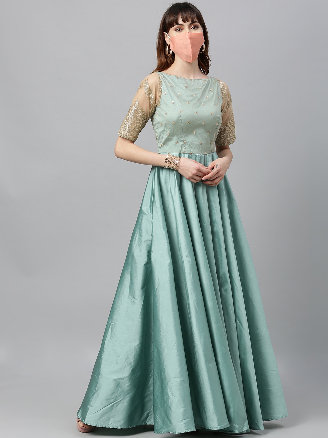 

Ethnovog Women Green Embroidered Made To Measure Maxi Dress