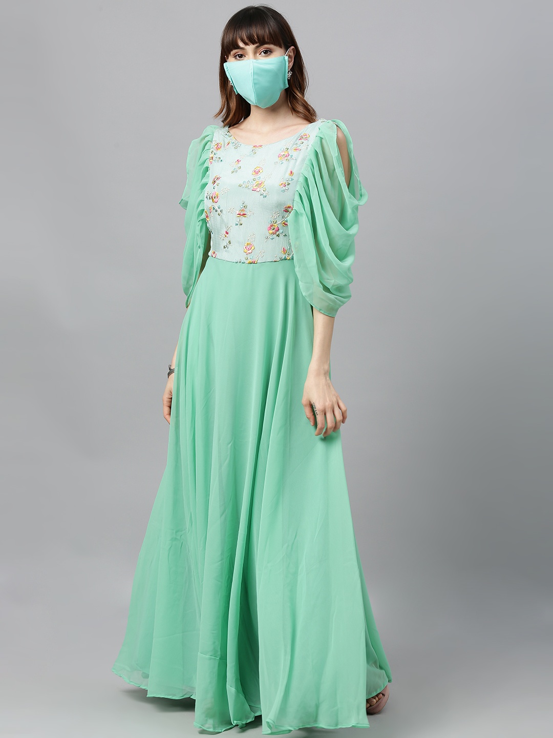

Ethnovog Women Green Embroidered Made To Measure Maxi Dress