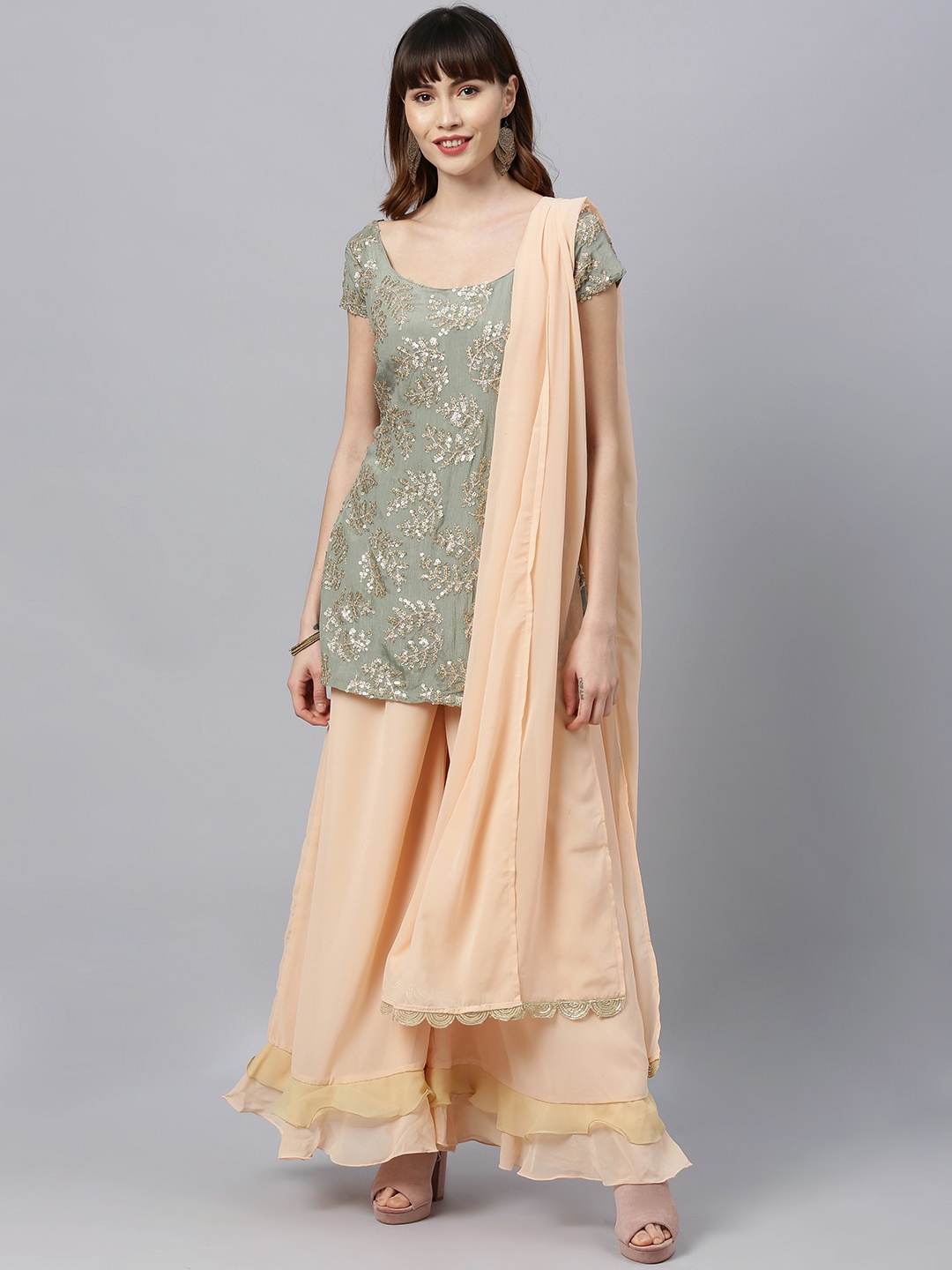 

Ethnovog Women Grey Peach-Coloured Embroidered Made To Measure Kurta Set