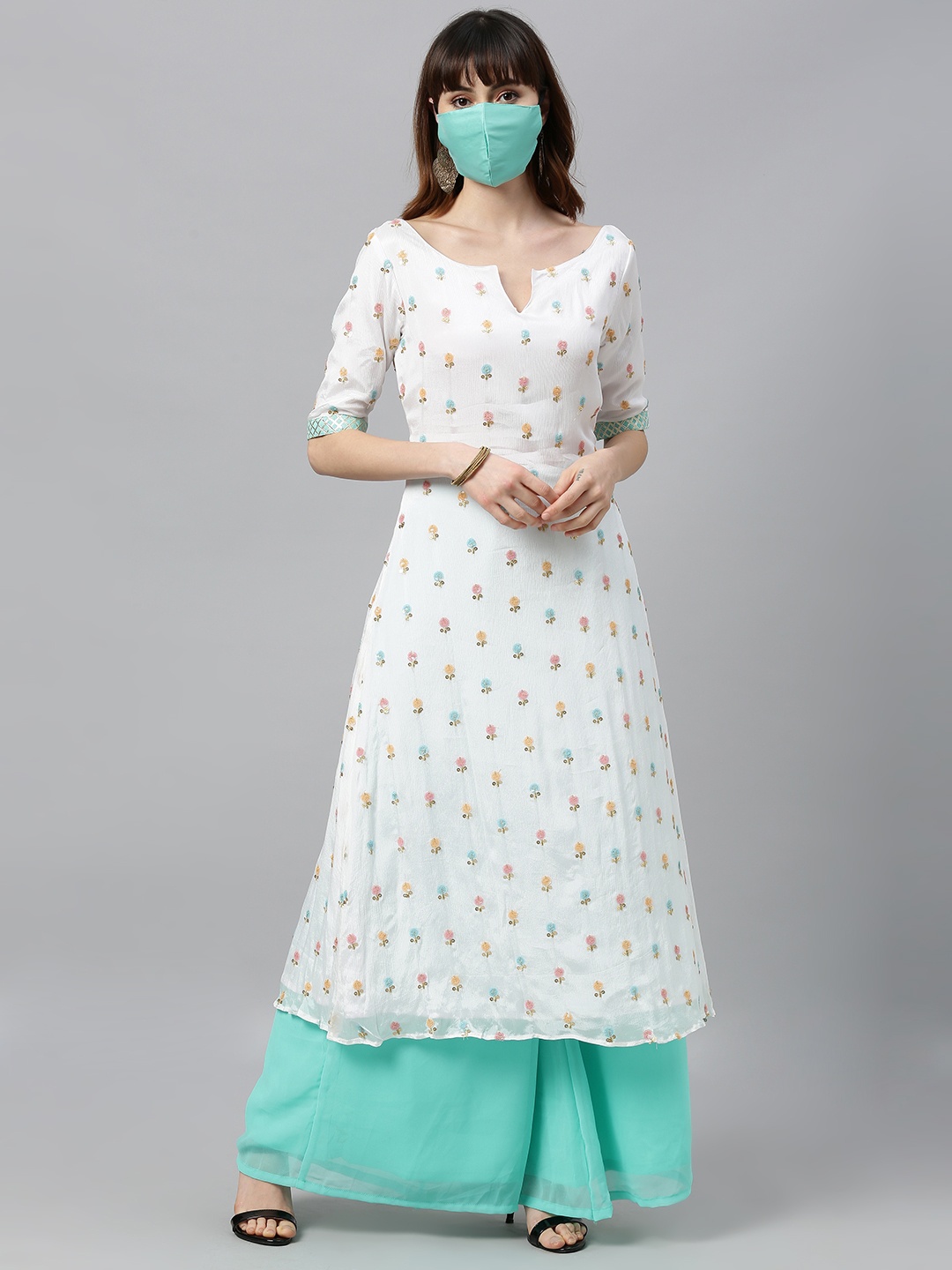 

Ethnovog Women White Turquoise Blue Embroidered Made To Measure Kurta Set