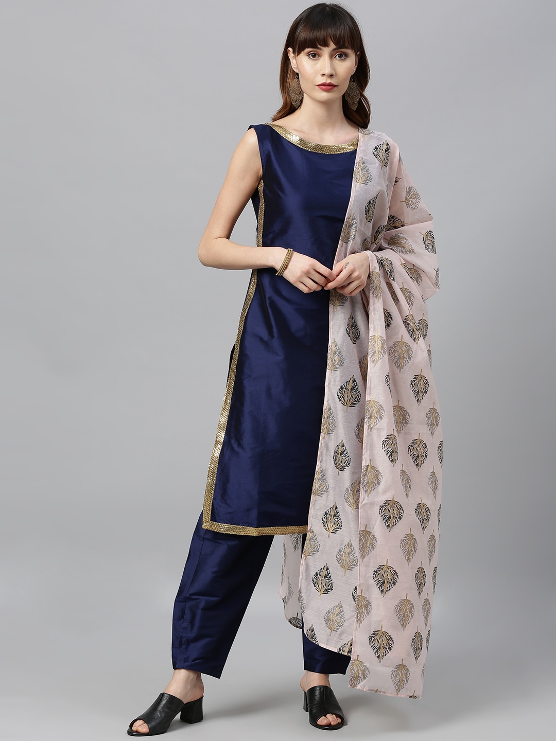 

Ethnovog Women Navy Blue Solid Sequinned Made to Measure Kurta Set
