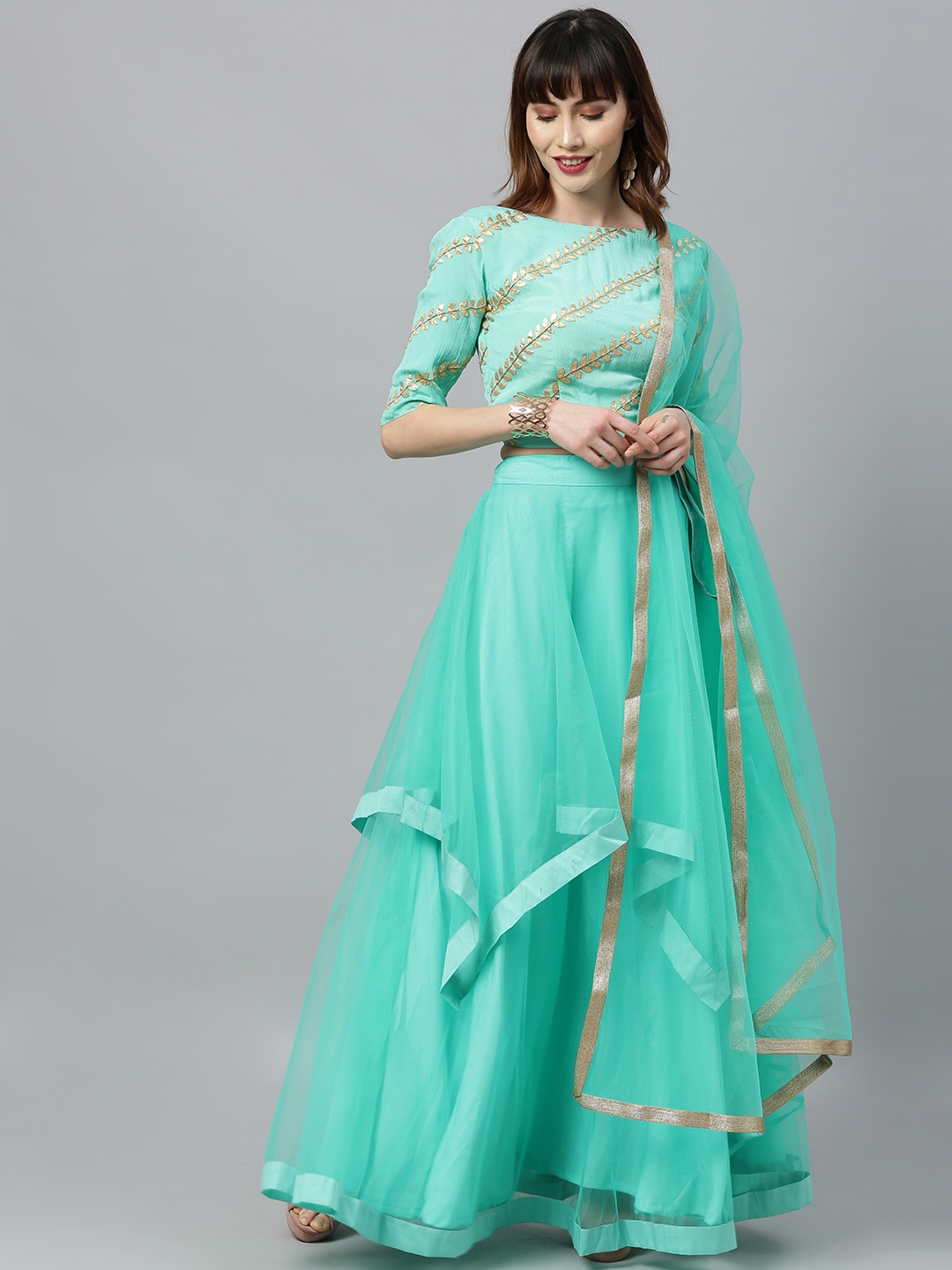 

Ethnovog Green Blue Embroidered Made to Measure Lehenga Blouse with Dupatta