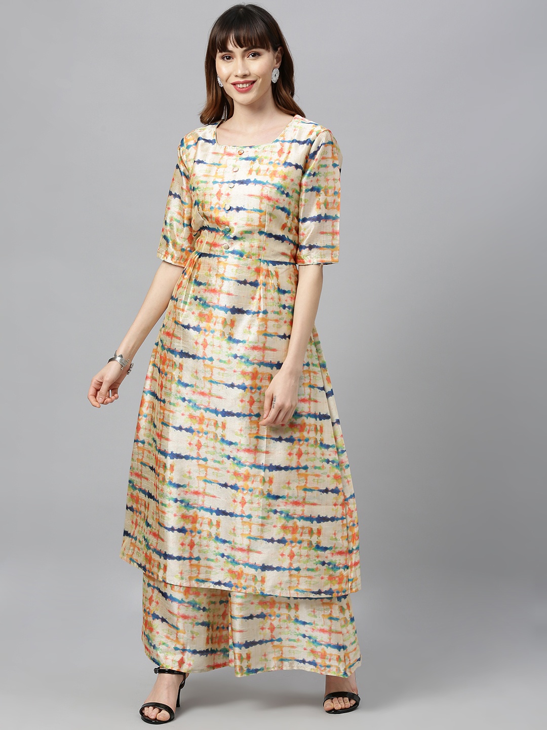 

Ethnovog Women Beige Blue Dyed Made To Measure A-Line Kurta with Palazzos