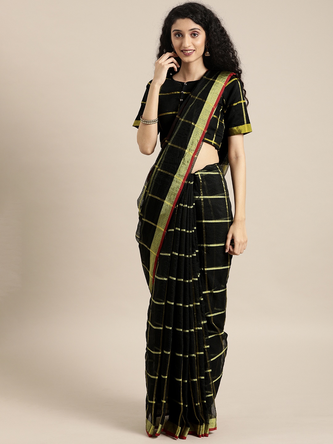 

Kvsfab Black & Golden Cotton Blend Checked Saree