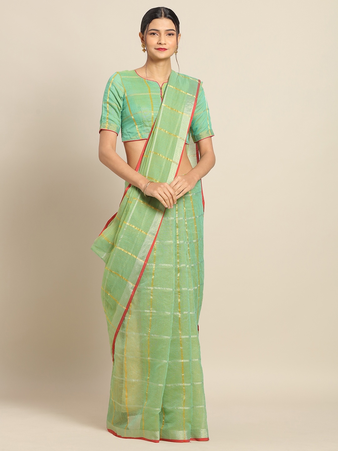 

Kvsfab Sea Green & Gold-Toned Cotton Blend Checked Saree
