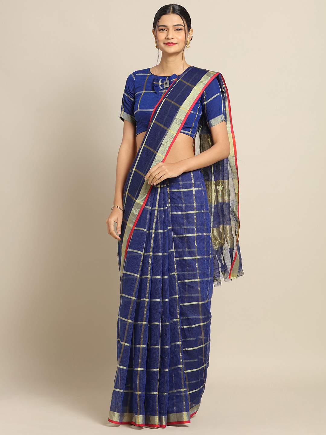 

Kvsfab Navy Blue & Gold-Toned Cotton Blend Checked Saree