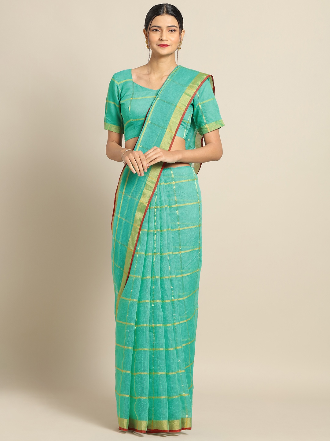 

Kvsfab Sea Green & Gold-Toned Cotton Blend Checked Saree