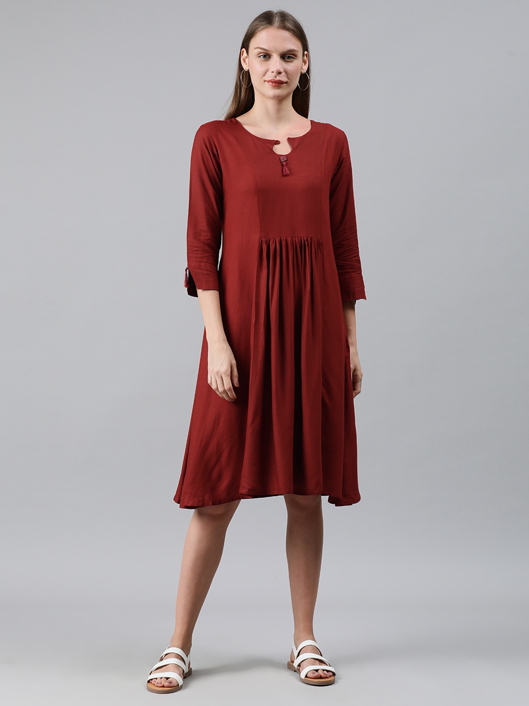 

MIMOSA Women Maroon Solid A-Line Dress With Tassels