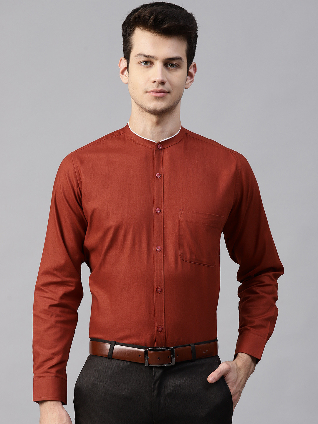 

DENNISON Men Rust Red Twill Weave Smart Slim Fit Solid Formal Shirt