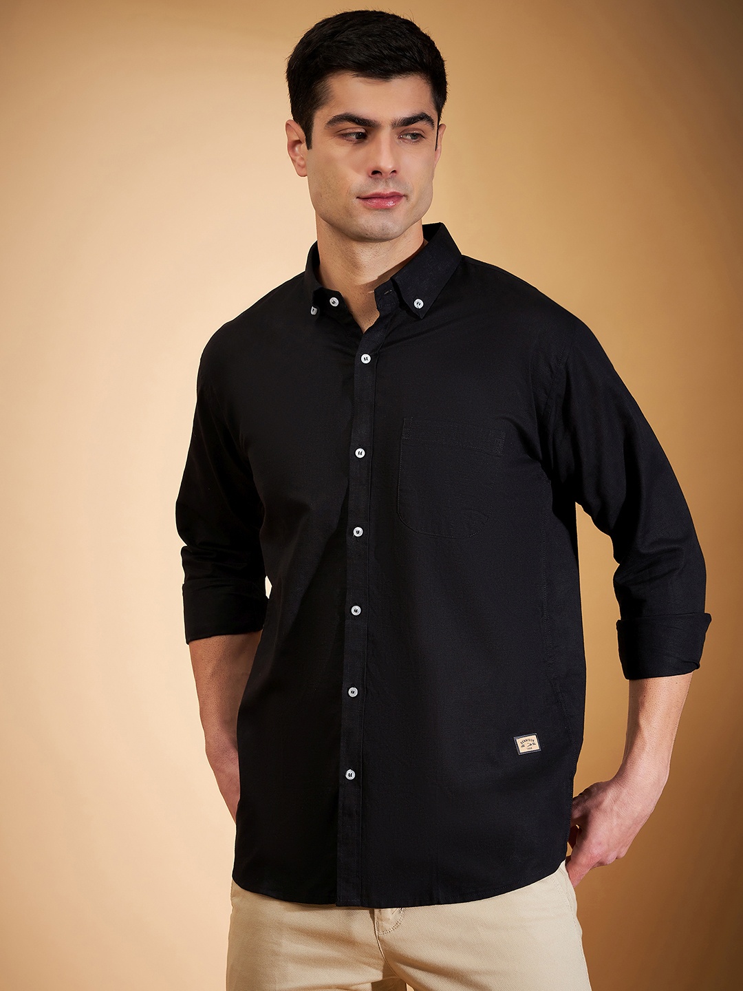 

DENNISON Men Black Smart Slim Fit Solid Twill Weave Cotton Linen Casual Shirt