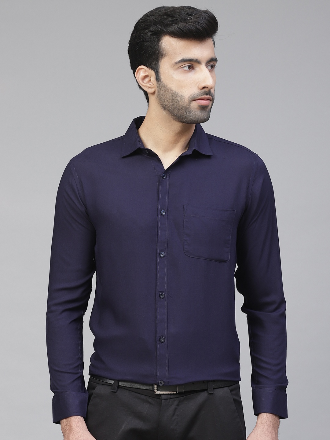 

DENNISON Men Navy Blue Twill Weave Smart Slim Fit Solid Formal Wrinkle Free Shirt