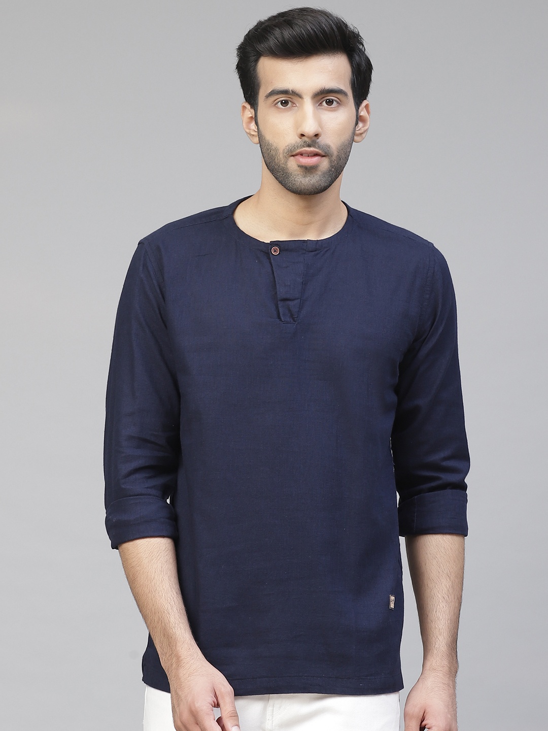 

Dennison Men Navy Blue Cotton Linen Kurta