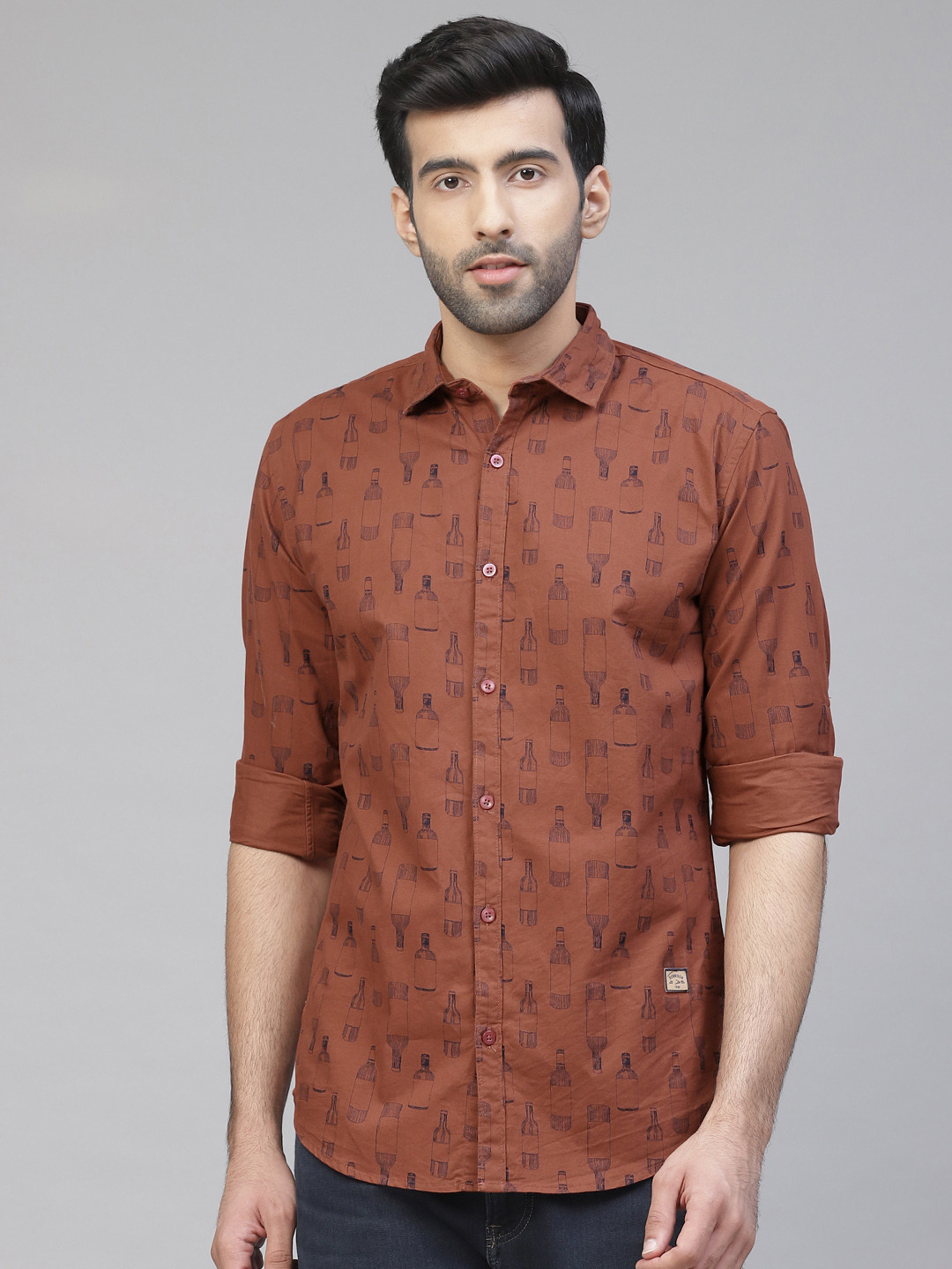

DENNISON Men Rust Brown & Black Smart Slim Fit Printed Casual Shirt