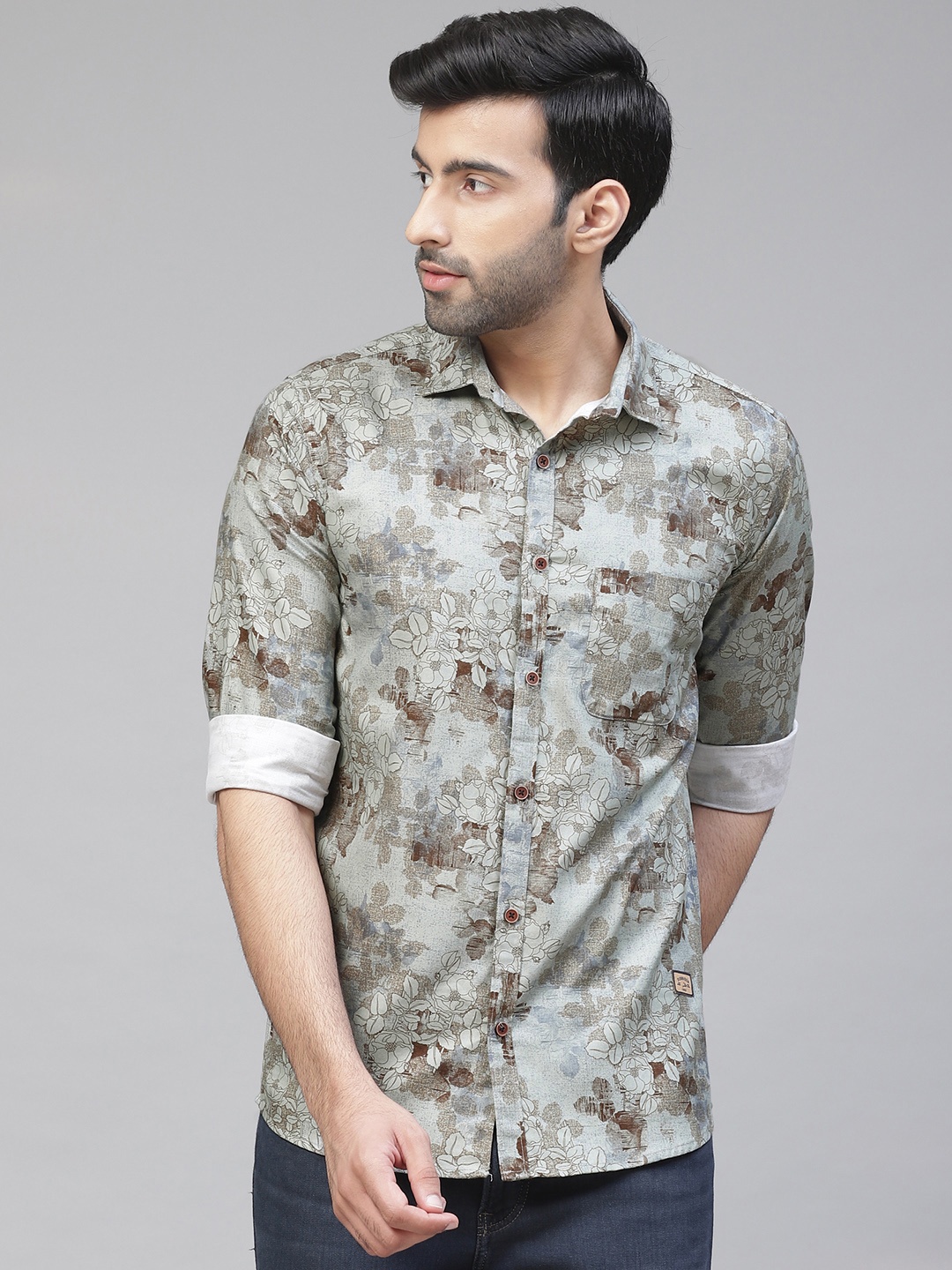 

DENNISON Men Grey & Brown Smart Slim Fit Printed Casual Shirt