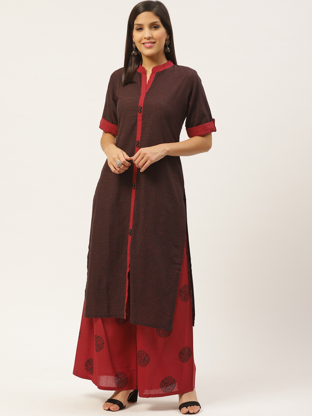 

Varkha Fashion Women Black & Red Checked Kurta with Block Print Palazzos