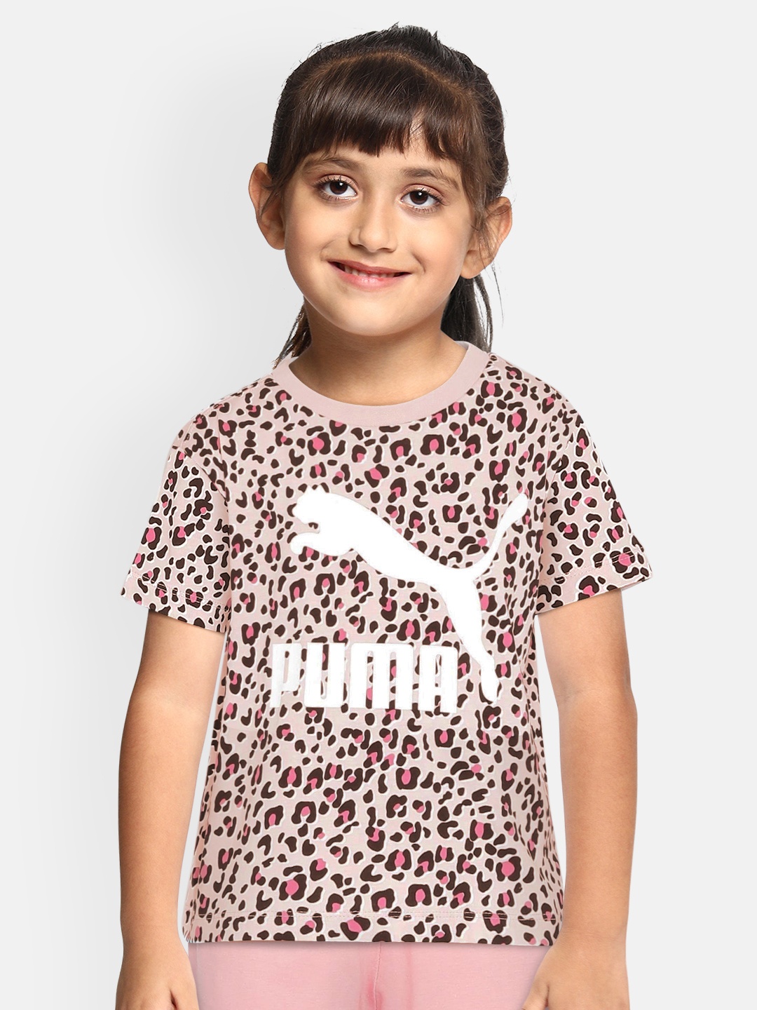 

Puma Girls Peach-Coloured Classics Wild Printed Round Neck T-shirt