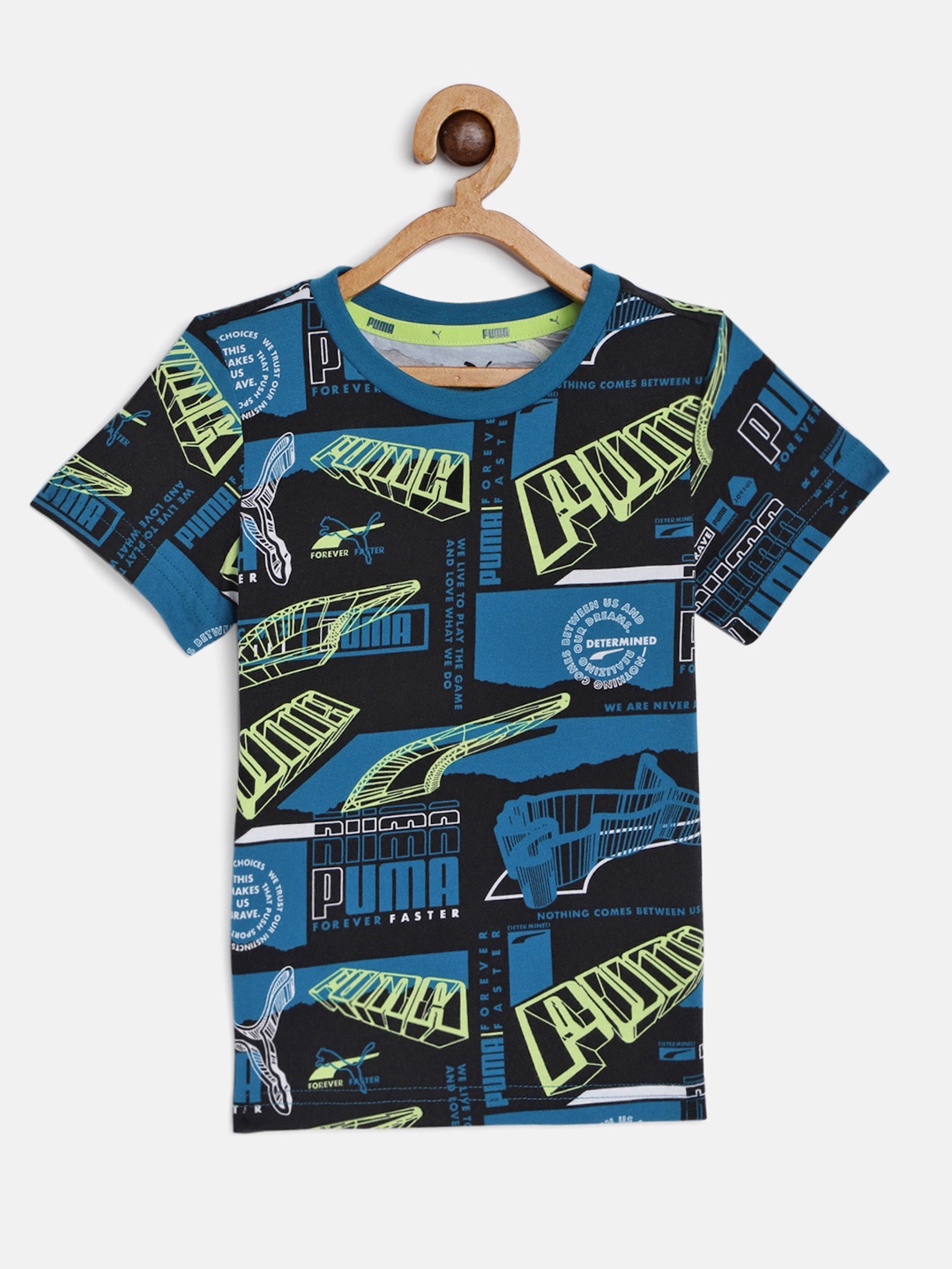 

Puma Boys Teal Blue & Fluorescent Green Alpha AOP Cotton Brand Logo Printed T-shirt