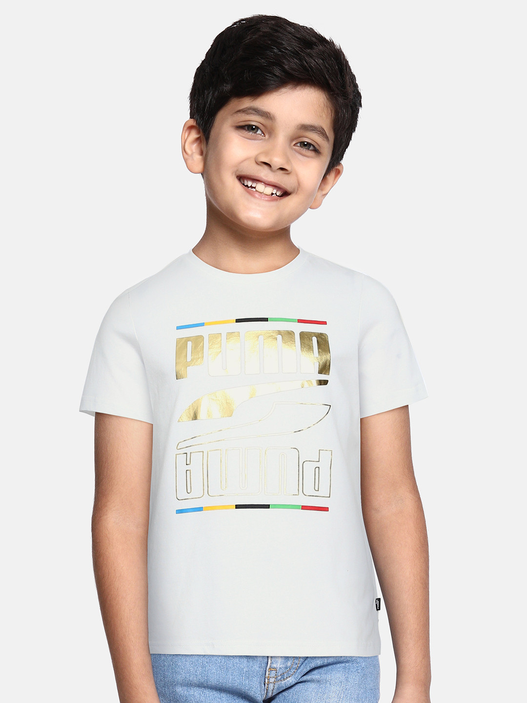 

Puma Boys White Brand Logo Printed Rebel Tee 5 Continents B Pure Cotton T-shirt