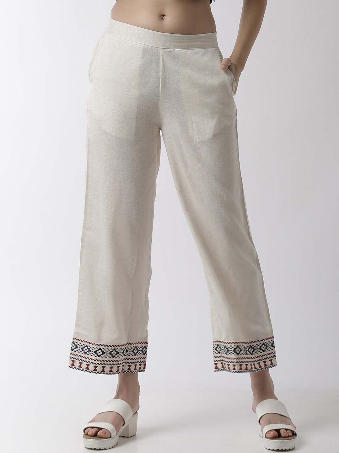 

De Moza Women Cream-Coloured Hem Design Wide Leg Palazzos