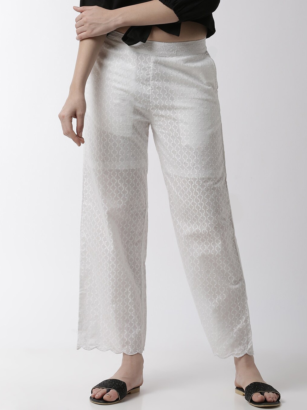 

De Moza Women White Self Design Wide Leg Palazzos