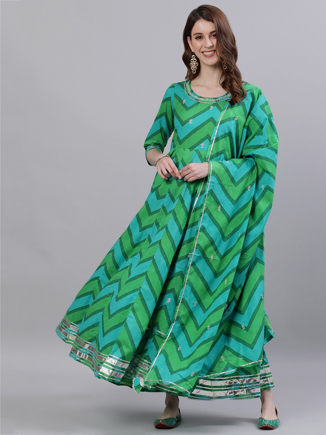 

Ishin Women Green & Blue Striped Anarkali Kurta with Dupatta