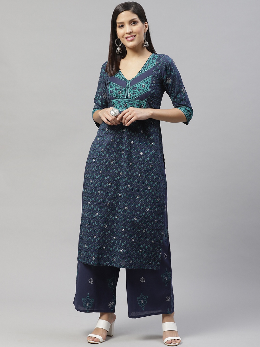 

SILVER STOCK Women Navy Blue & Sea Green Ethnic Printed Kurta with Palazzos