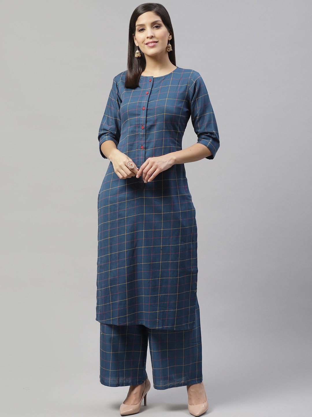 

SILVER STOCK Women Navy Blue & Yellow Checked Kurta with Palazzos