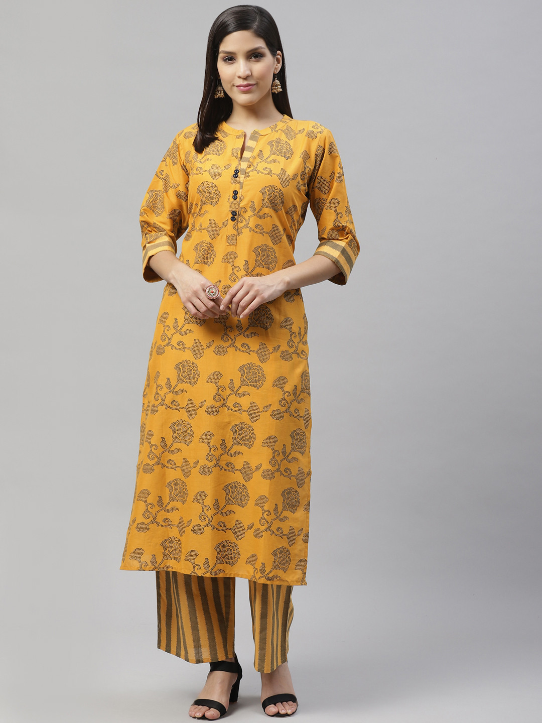 

SILVER STOCK Women Mustard Yellow & Black Printed Kurta with Striped Palazzos