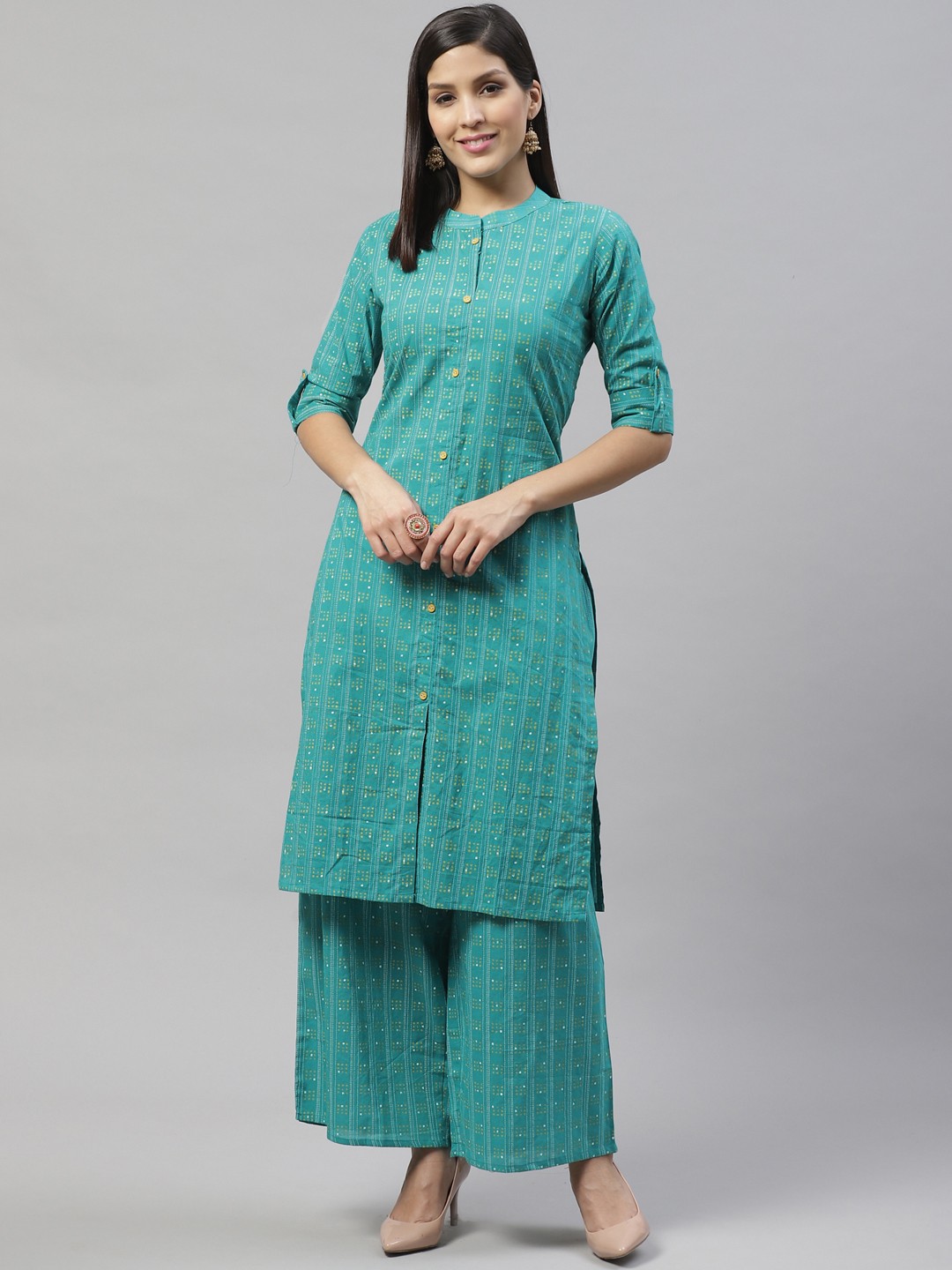 

SILVER STOCK Women Green & Mustard Yellow Printed Kurta with Palazzos