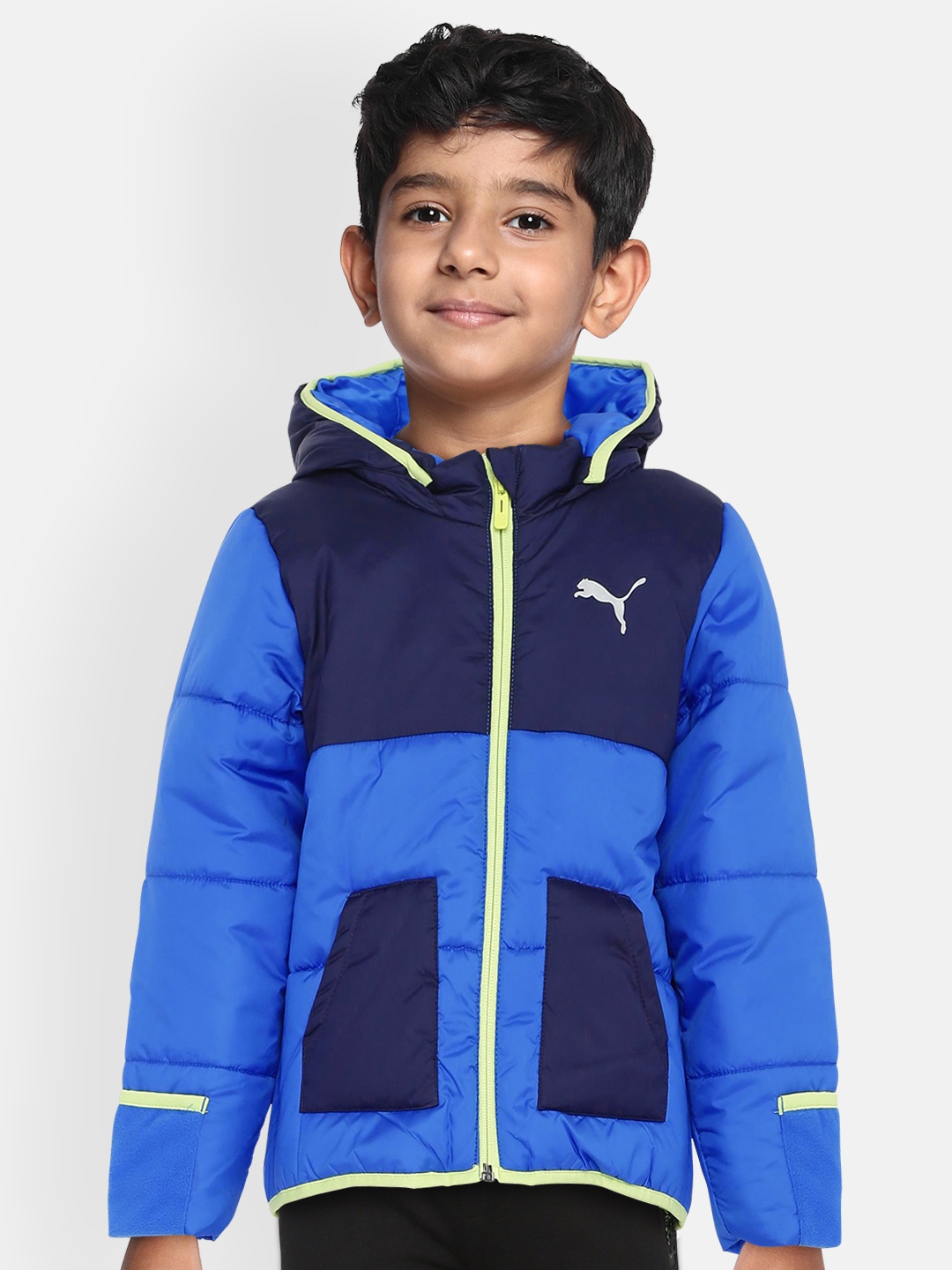 

Puma Boys Blue Minicat Colourblocked Detachable Hood Padded Jacket, Navy blue