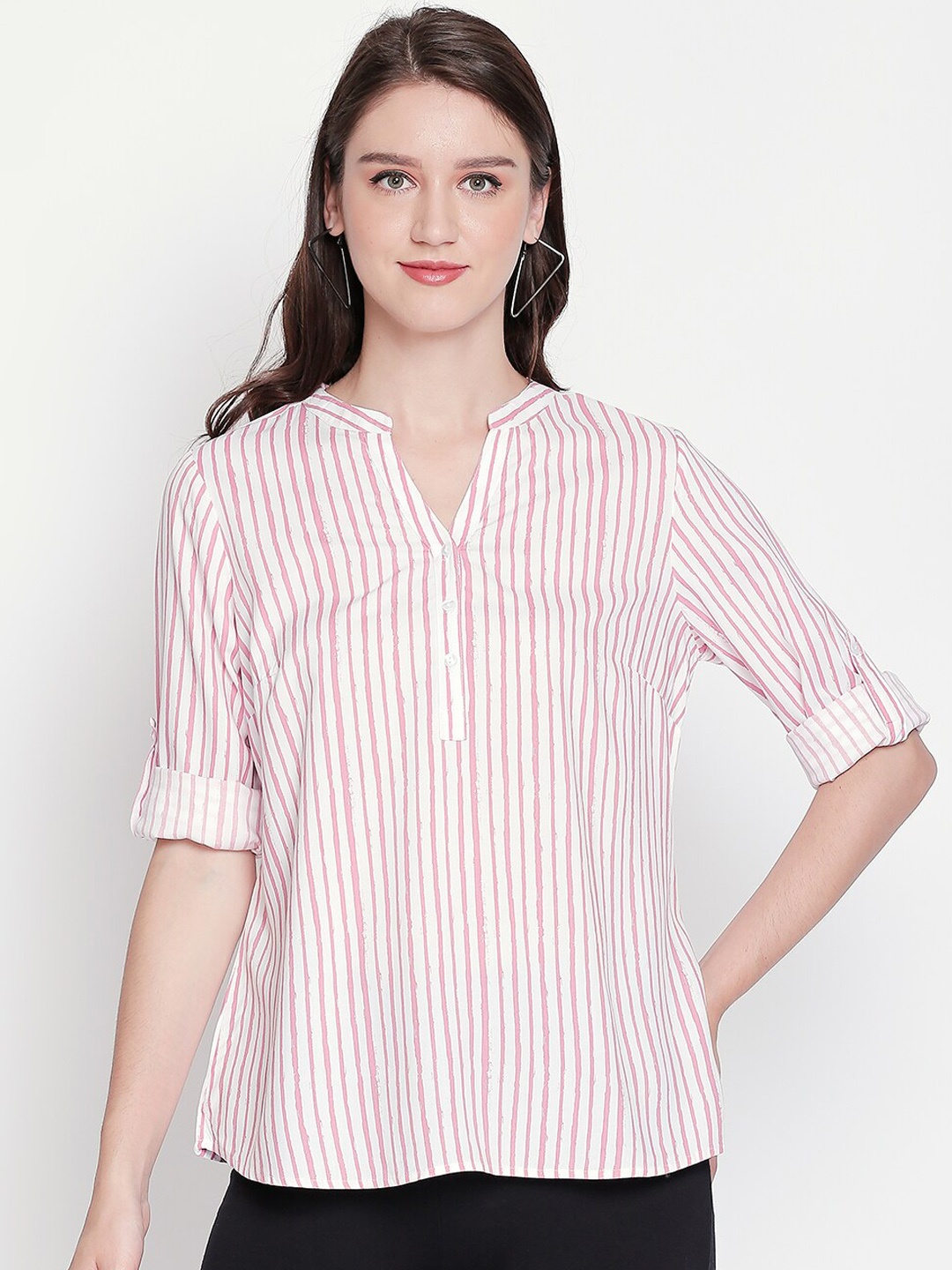 

Honey by Pantaloons Women Pink & White Striped Shirt Style Top