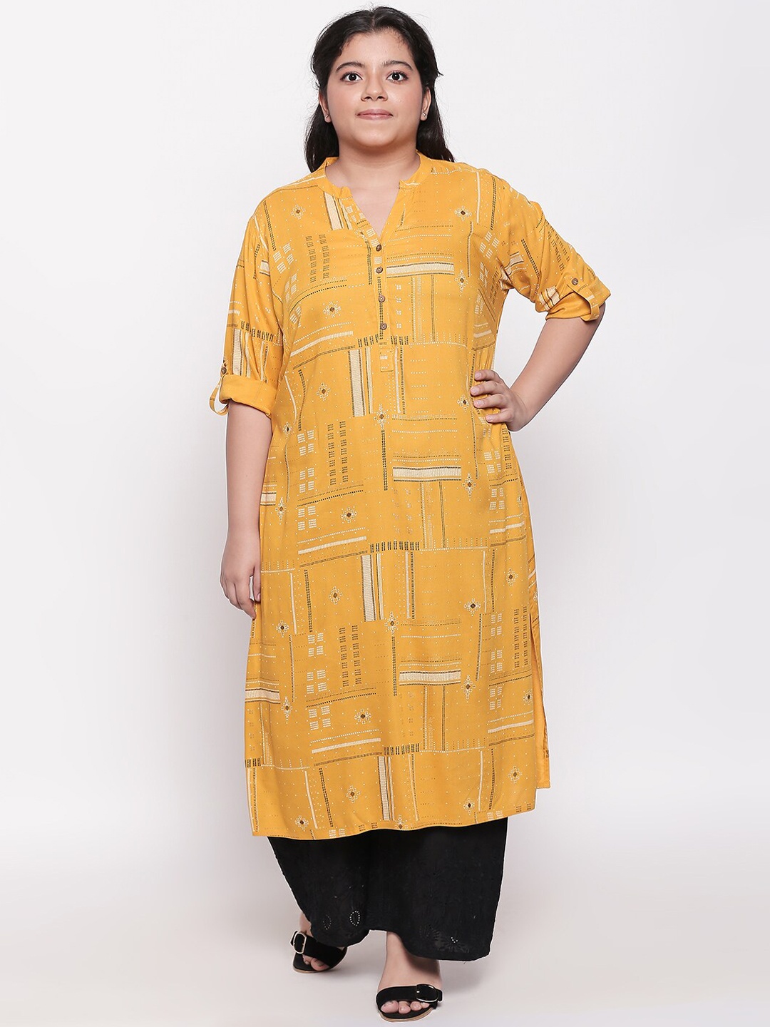 

RANGMANCH PLUS by Pantaloons Women Yellow & Off-White Printed A-Line Kurta