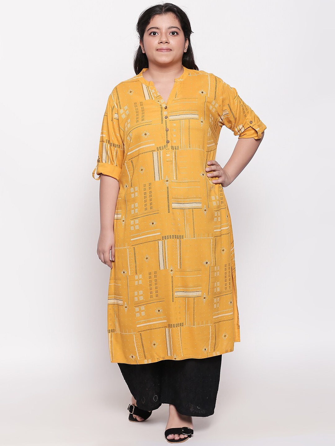 

RANGMANCH PLUS by Pantaloons Women Yellow Printed A-Line Kurta