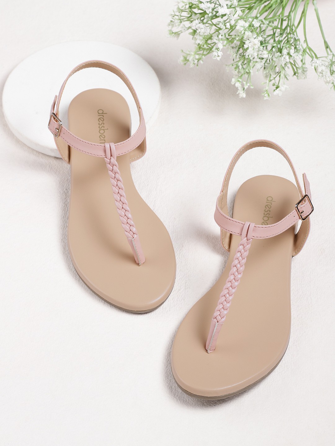 

DressBerry Women Pink Braided T-Strap Flats