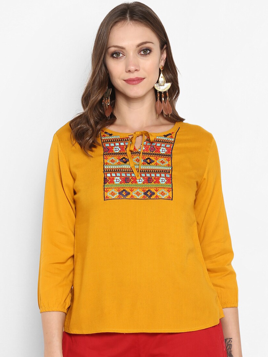 

Aprique FAB Women Mustard Yellow Embroidred Top