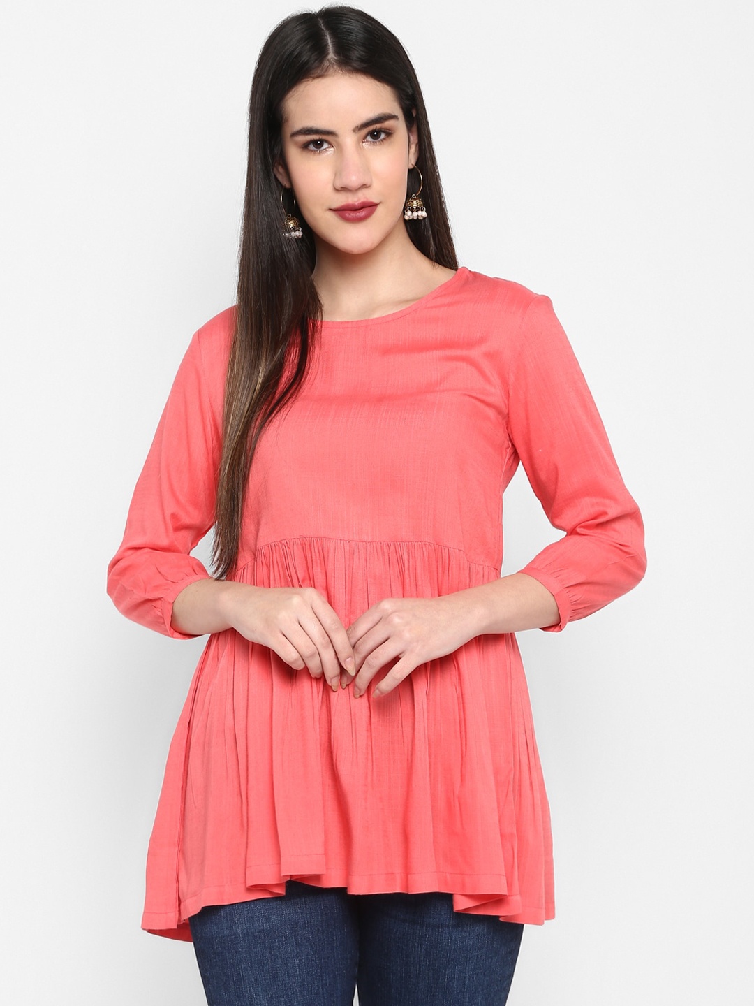 

Aprique FAB Coral Orange Solid Puff Sleeve A-Line Ethnic Top