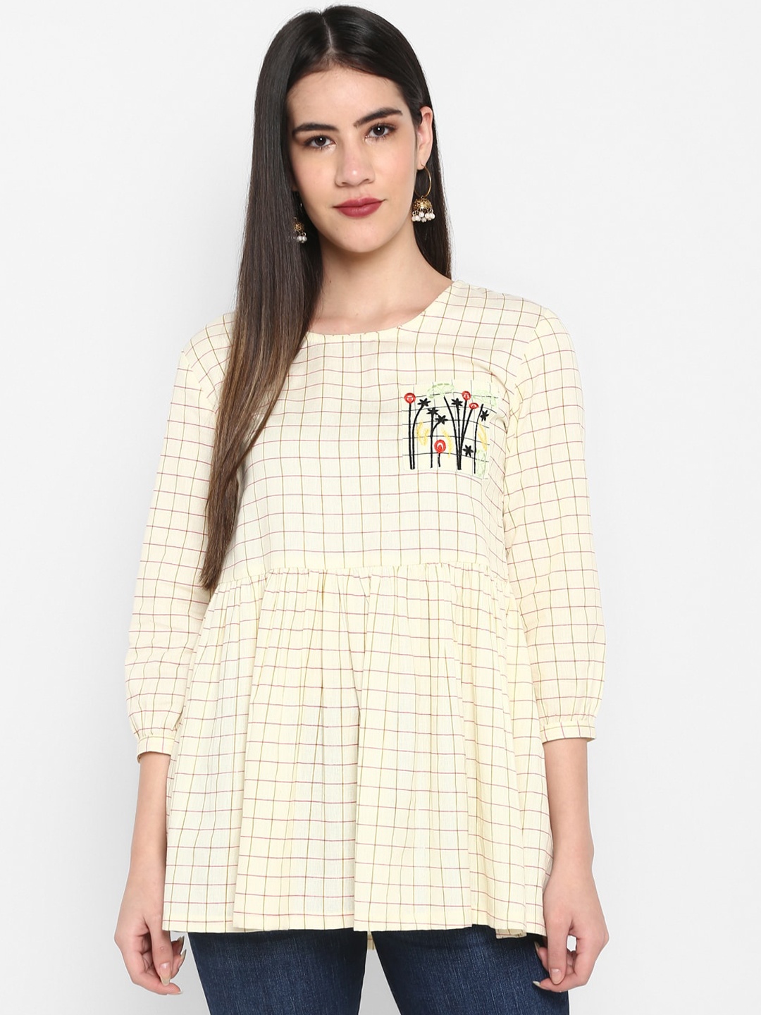 

Aprique FAB Off White & Pink Checked Puff Sleeve Pure Cotton A-Line Ethnic Top