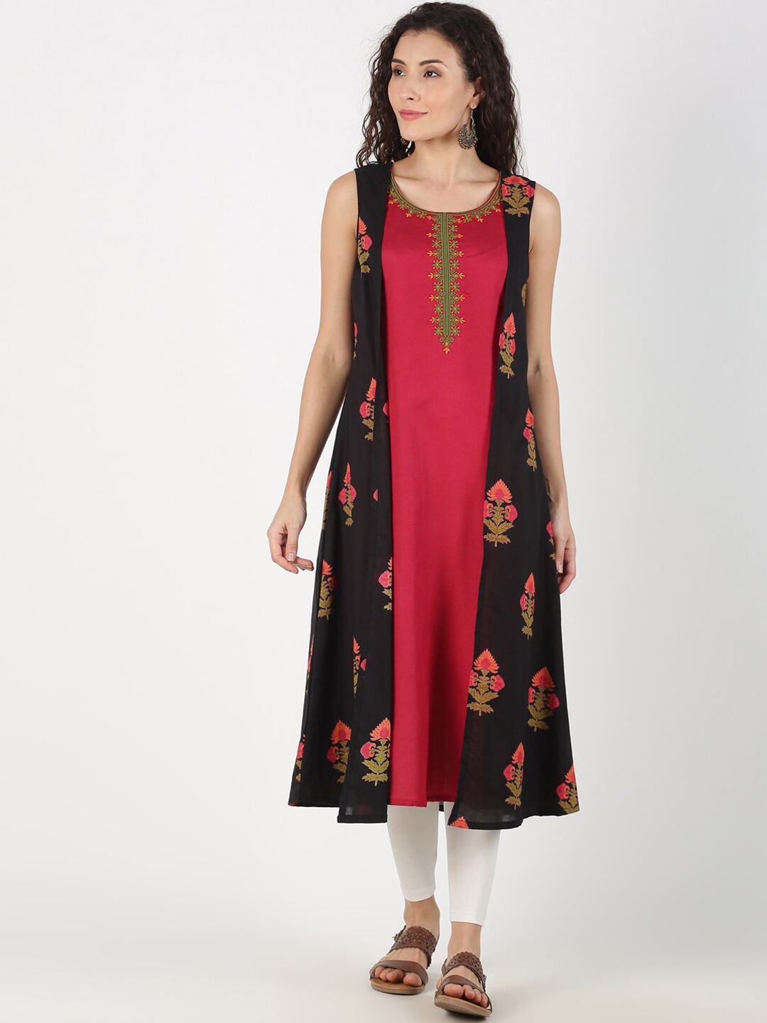 

Saffron Threads Women Red & Black Embroidered Neck Kurta with Printed Layer