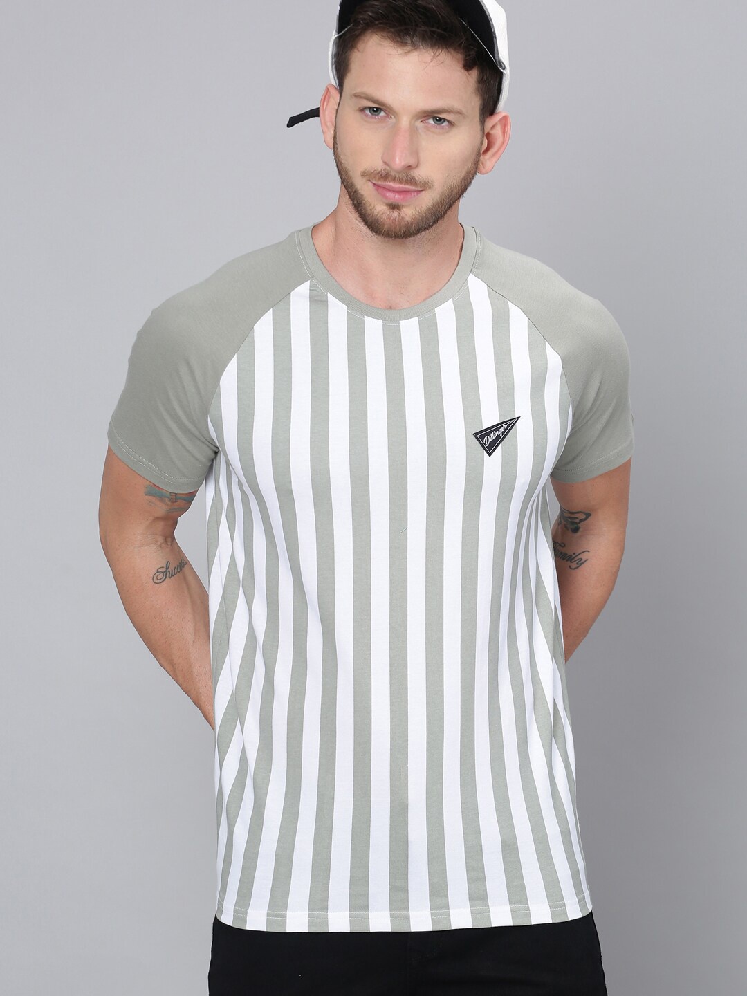 

DILLINGER Men White Grey Striped Round Neck Pure Cotton T-shirt