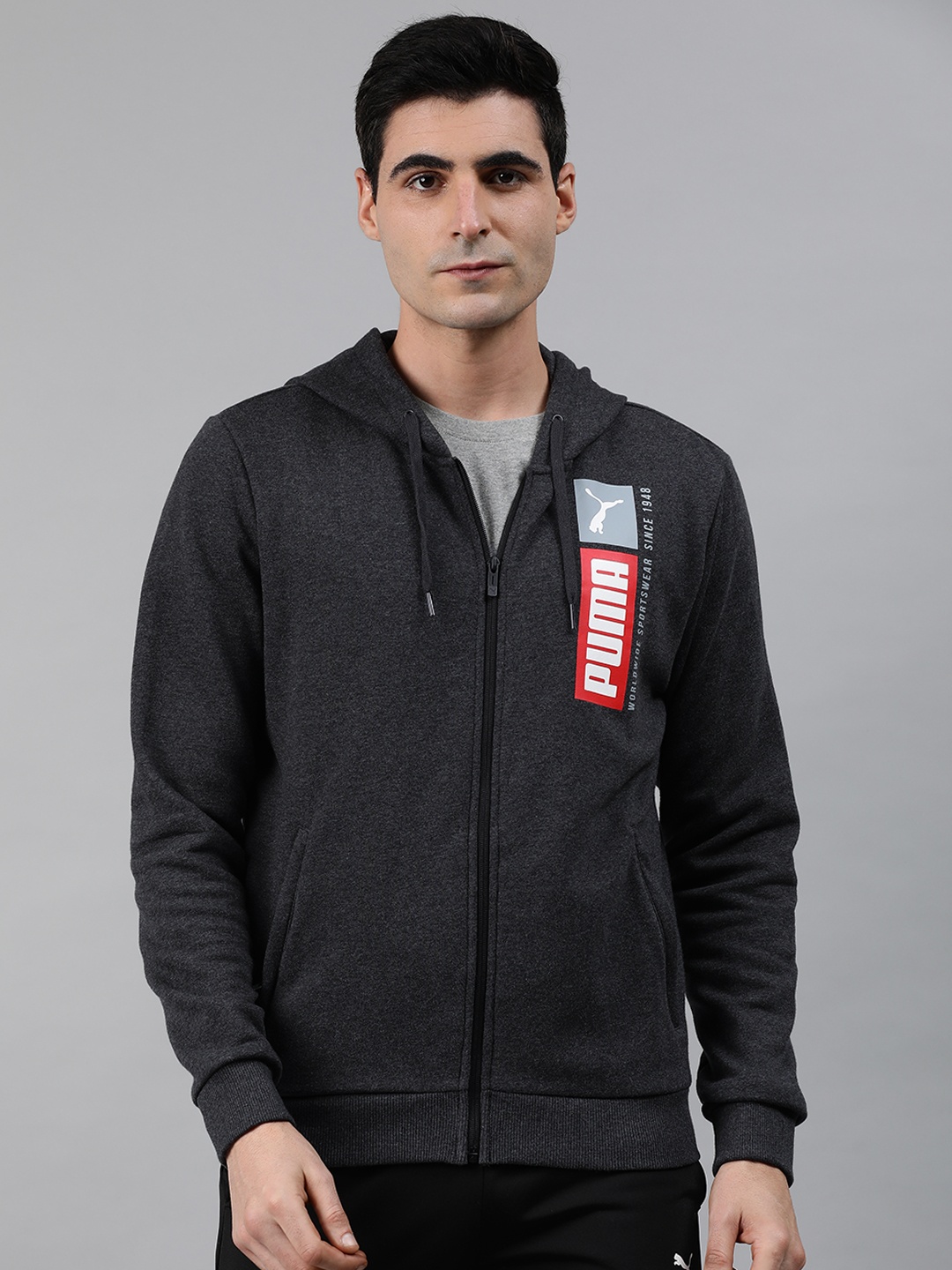 

Puma Men Charcoal Grey Printed Knitted Hooded 5 Tailored Jacket