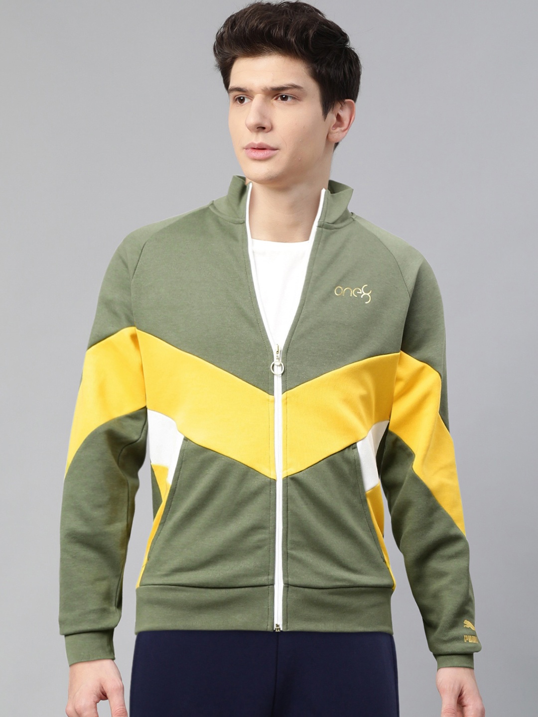 

one8 x PUMA Men Olive Green & Yellow Virat Kohli Stylised Full-Zip Track Sweatshirt