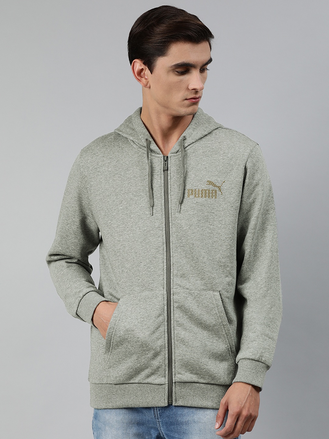 

Puma Men Grey Solid Jacket 1 Hooded Sweatshirt