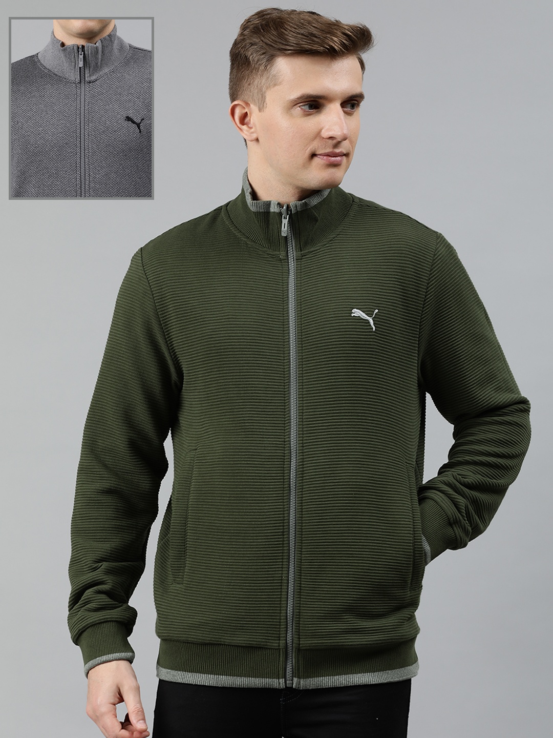 

Puma Men Olive Green Solid Reversible Sweat Bomber Track Jacket