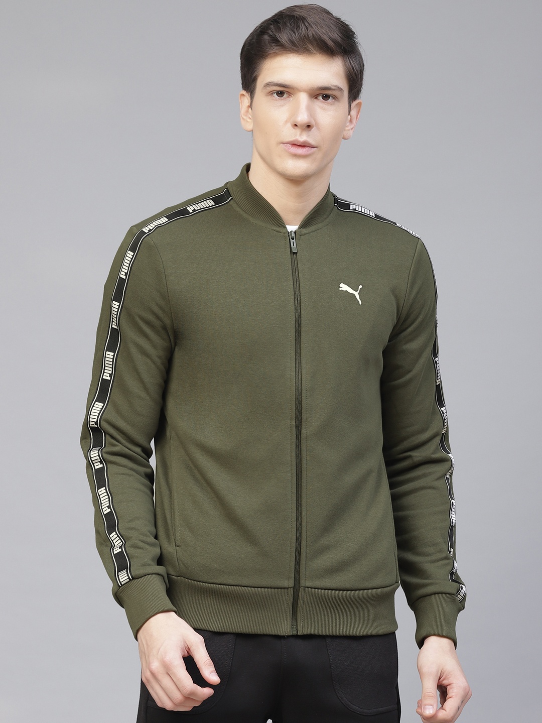 

Puma Men Olive Green Tape Full-Zip Solid Slim Fit Sporty Track Jacket