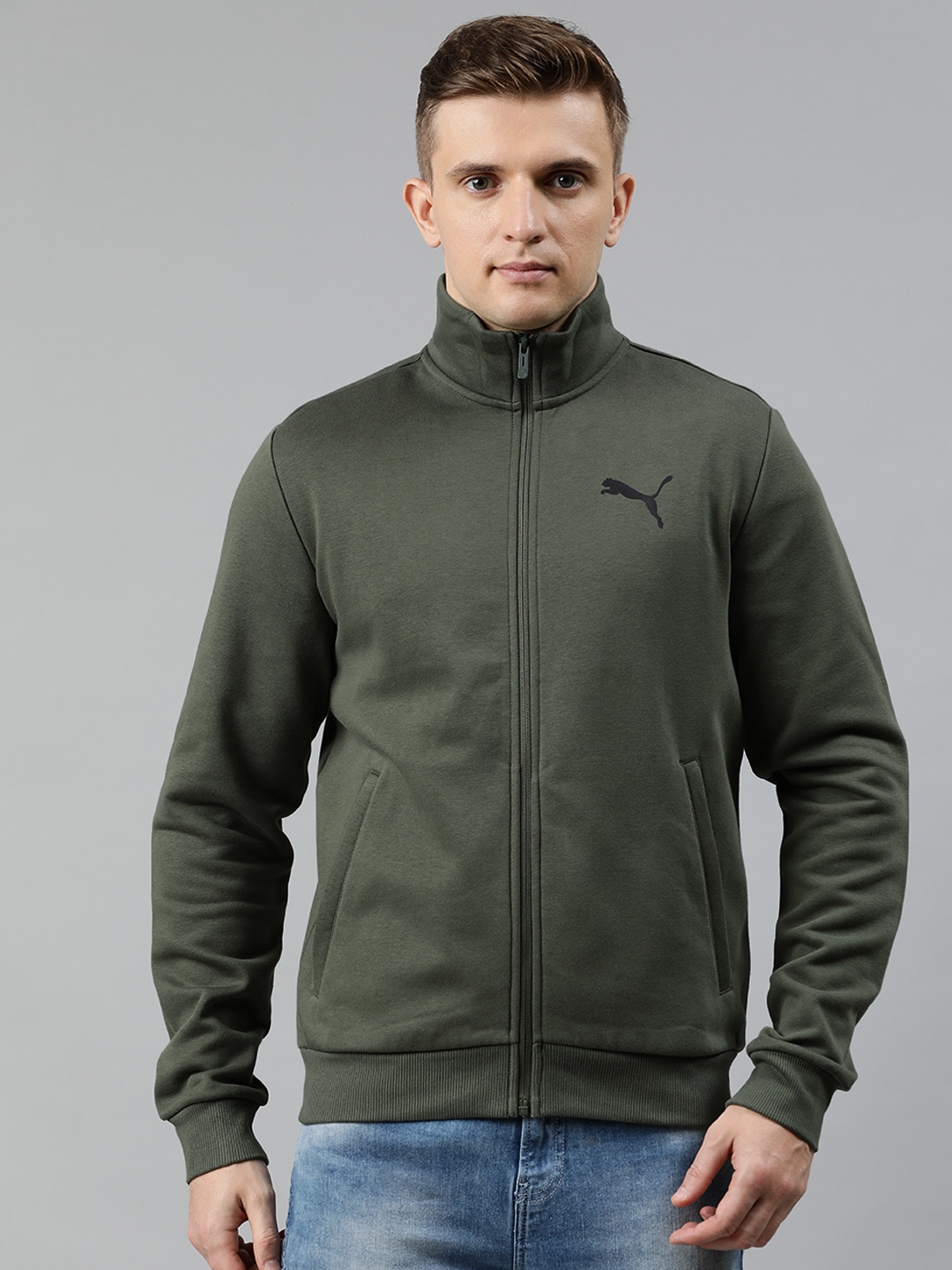 

Puma Men Olive Green Solid Open Front Jacket