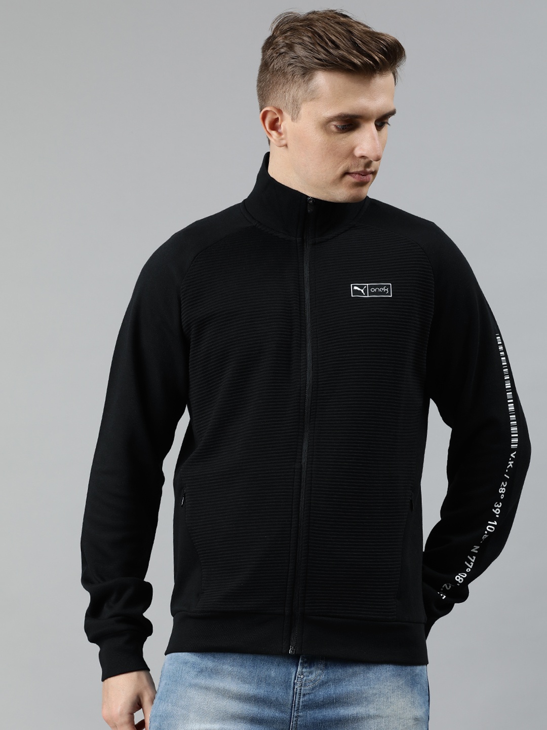 

one8 x PUMA Men Black Solid VK Ms Knitted Full-Zip Tailored Jacket