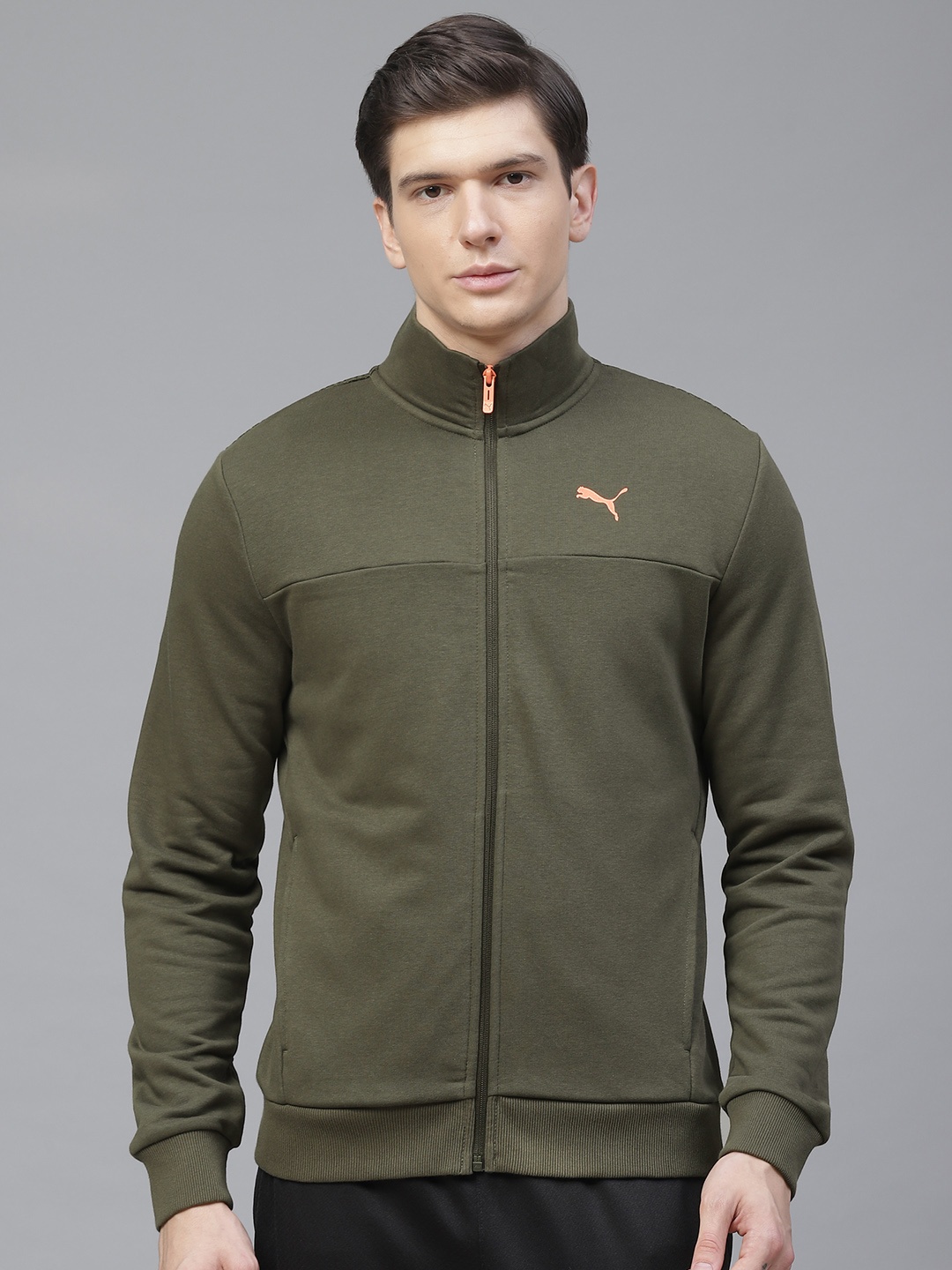 

Puma Men Olive Green & Orange Mesh Overlay Brand Logo Printed Sporty Track Jacket